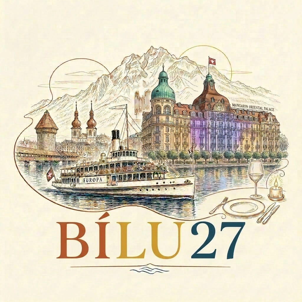 BÍLU27 Illustration: Luzern mit See, Pilatus, Kapellbrücke und Hotel